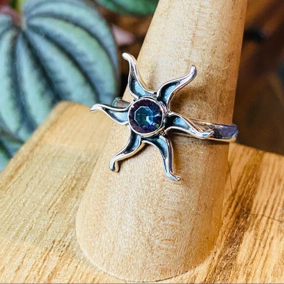 Rainbow Quartz Sun Burst Sterling Silver Ring Size 6 - Picture 3 of 5